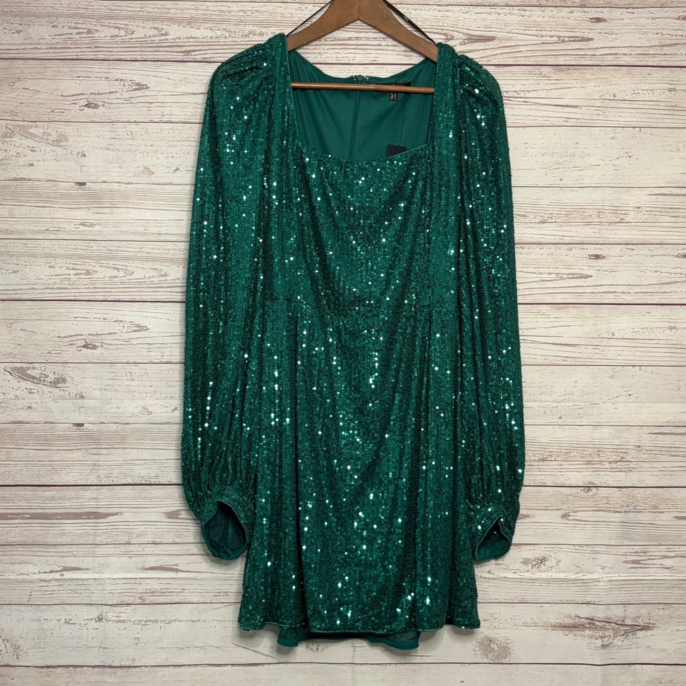 Lulus Emerald Green Sequin Long Sleeve Mini Dress Square Neck XXL NWT